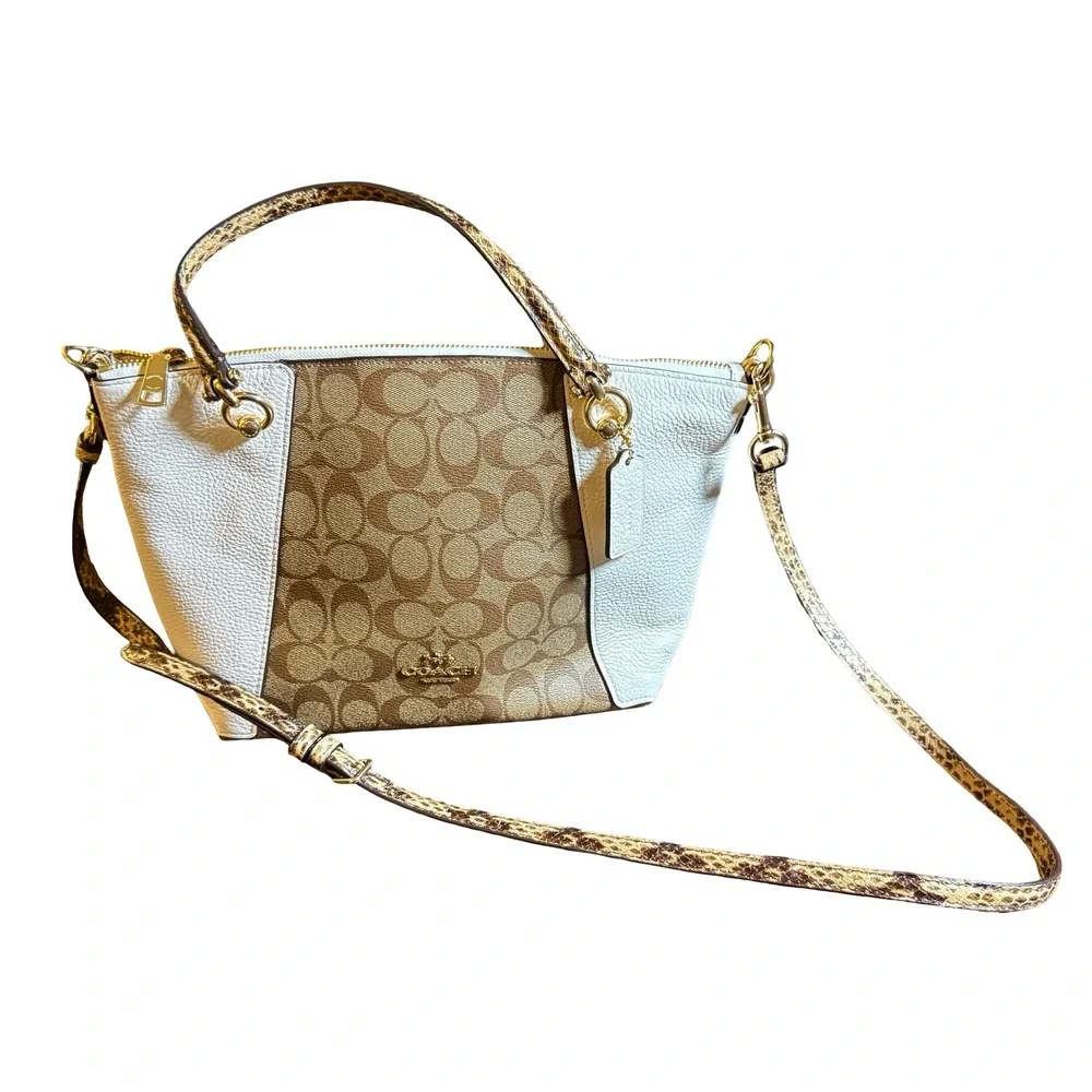 Coach Kacey Khaki Chalk Blocked Canvas Top Zip Satchel Crossbody Snakeskin Purse